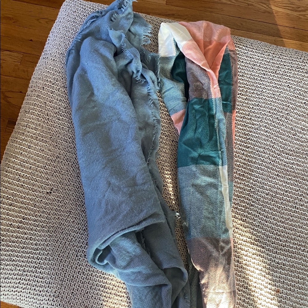 NWOT pink, green & cream scarf. NWOT blue scarf 
Bundle